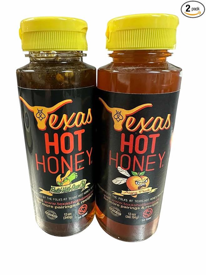 Texas Hot Honey – Duo: Roasted Hatch Green Chili + Angry Peach | 12 oz Bottles Pack of 2
