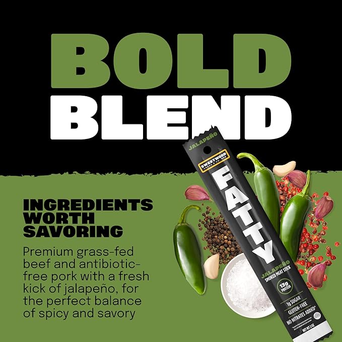 FATTY Meat Sticks Made with Grass Fed Beef Pork Raised Without Antibiotics 13g Protein Per Serving Jalapeno Easter Basket Stuffer for Men 2 oz. (Pack of 20)