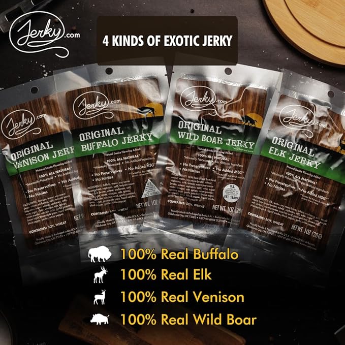 Jerky.com Exotic Jerky Variety Pack | 4pc Wild Game Snacks Sampler with Venison Elk Buffalo &amp Wild Boar | High Protein Keto Exotic Jerky Gifts for Men | Gifts for Men &amp Hunters