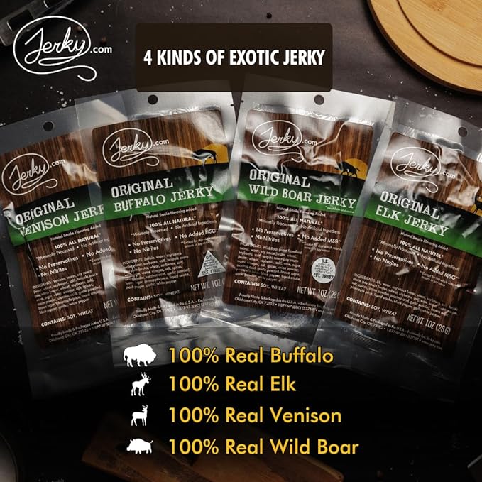 Jerky.com Exotic Jerky Variety Pack | 100% Wild Game Meats Snack Buffalo Wild Boar Elk &amp Venison Jerky | All-Natural High Protein No MSG – Unique Christmas Gifts for men  for Men Hunters Ke
