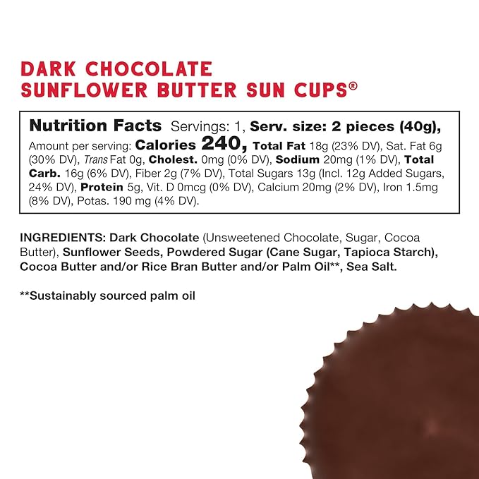 Free2b Sunflower Butter Sun Cups Safe for School and Allergy Friendly Gluten-Free Dairy-Free Nut-Free and Soy-Free Dark Chocolate 2-Cup Packages (Pack of 12)