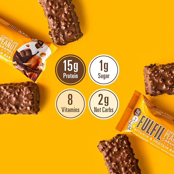FULFIL Vitamin &amp Protein Bars Chocolate Salted Caramel &amp Chocolate Peanut Caramel 15g Protein 8 Vitamins 12 Count