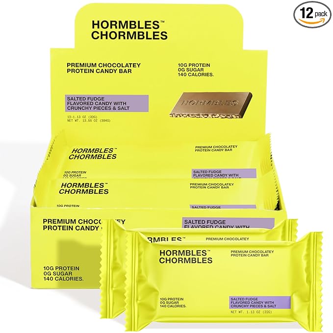 Hormbles Chormbles Protein Candy Bars Salted Fudge 10g Protein 0g Sugar 140 Calories Fudge Chocolate Candy With Crunchy Pieces and Salt Sugar Free Snacks or Dessert 1.13 Oz 12 Pack