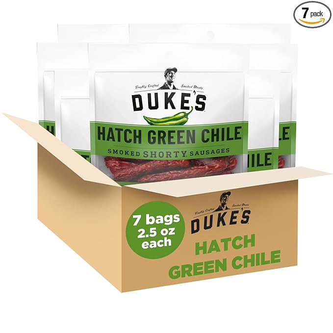 Duke's Pork Hatch Green Chile Smoked Shorty Sausages 7g Protein Per Serving Easter Basket Stuffer for Men 2.5 oz. Snack Bags (Pack of 7)