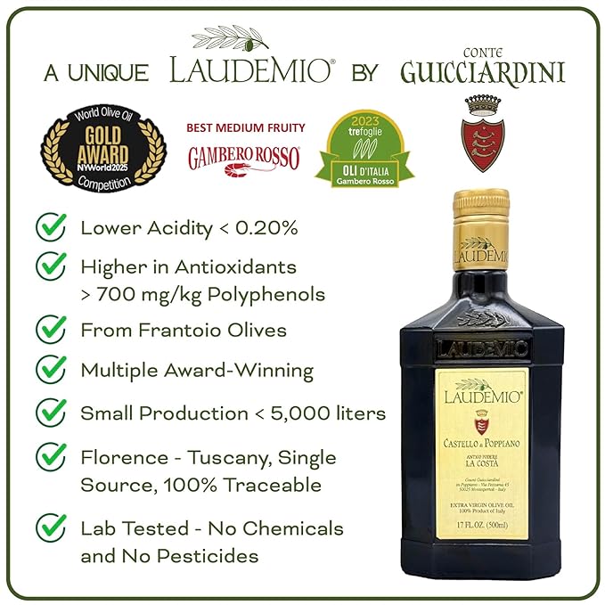 Laudemio Poppiano Guicciardini – Extra Virgin Olive Oil from Tuscany 700+ mg/kg High Polyphenols 2025 NYIOOC Gold Award Early Harvest Frantoio olives Lab Tested No Pesticides Premium Gift Box