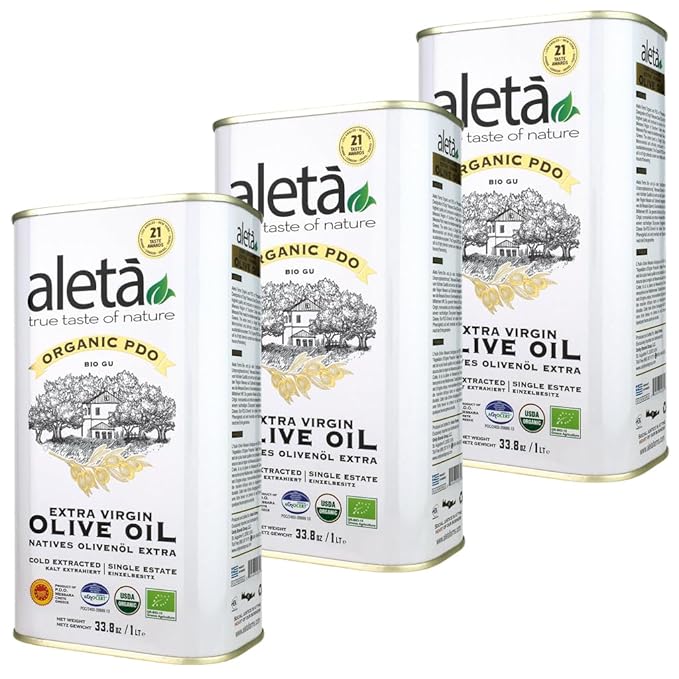 Aleta Single Estate Organic Extra Virgin Olive Oil Greek EVOO Unfiltered and Unrefined Rich in Polyphenol Kosher 33.8 oz (1 LT) Pack of 3