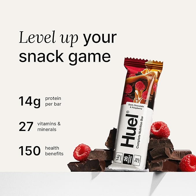 Huel Complete Nutrition Vegan Protein Bars | Dark Chocolate Raspberry | 13g Protein | 27 Vitamins &amp Minerals 2g Sugar Non-GMO 100% Plant Based Snack | 12 Pack