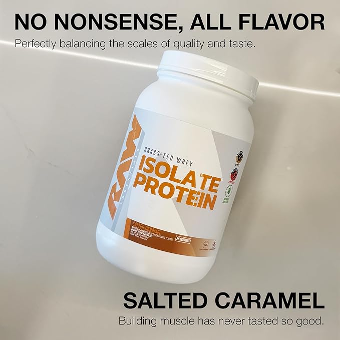 RAW Whey Isolate Protein Powder Salted Caramel - 100% Grass-Fed Sports Nutrition Whey Protein Powder for Muscle Growth &amp Recovery - Low-Fat Low Carb Naturally Flavored &amp Sweetened - 25 Serv