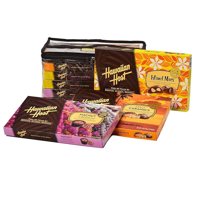 Hawaiian Host Chocolate Macadamia Assortment 6 Pack : 2 Maui Caramacs 2 Island Macs 2 MacNut Crunch