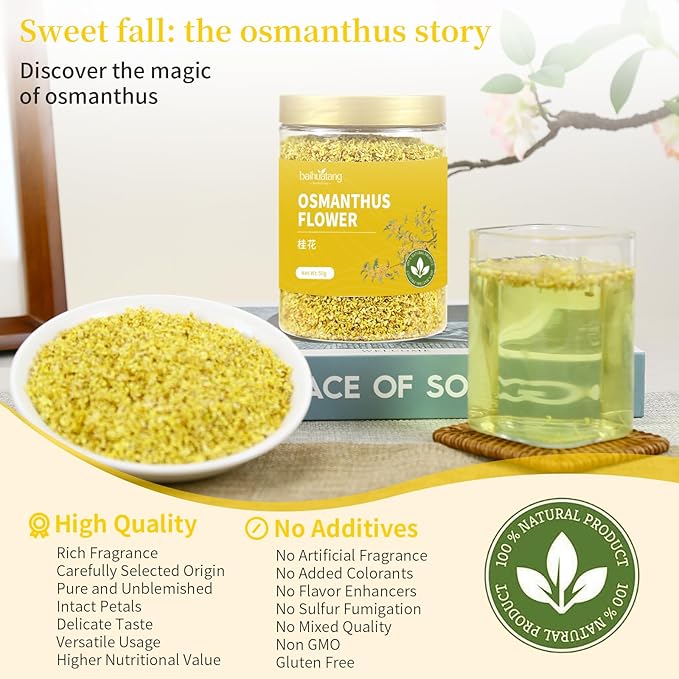 Baihuatang Natural Dried Osmanthus Flower for Tea 1.76oz/50g Premium Osmanthus Fragrans Herb Gui Hua Dried Intact Blossoms Stem-Free Bright Golden Hue Rich Aroma 桂花 桂花糕 桂花蜜 无硫无杂