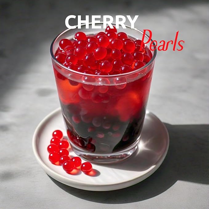 Fanale Cherry Popping Boba Pearls Vegan Non GMO Gluten Free Fat Free Perfect for Bubble Tea Smoothies Ice Cream Desserts and Beverages.