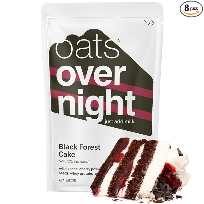 Oats Overnight Black Forrest Cake - Overnight Oats with 20g Whey Protein High Fiber Breakfast Protein Shake - Gluten Free Oatmeal Non GMO High Protein Oatmeal (2.6 oz per Meal) (8 Pack)