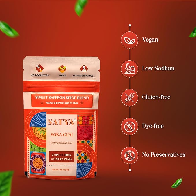 Satya Sona Chai Masala Mix 1.05 oz Sachets (Pack of 5-150gm) – Sweet Saffron Indian Chai Spice Blend - Vegan Gluten &amp Dye Free Low Sodium Authentic Masala for Tea Dessert &amp Golden Milk - 30