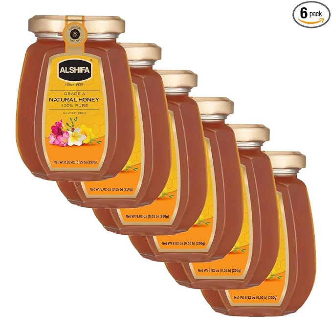 ALSHIFA Natural Honey 8.81oz (250g) | Pack of 6 | Raw Pure &amp Unpasteurized | 100% Pure Wildflower | No Added Sugar | Glass Bottle