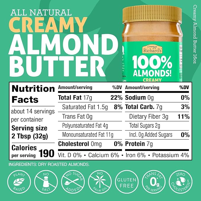 Crazy Richard's 100% All-Natural Creamy Dry Roasted Almond Butter with No Added Sugar and Non-GMO (16 Ounce Pack of 2)