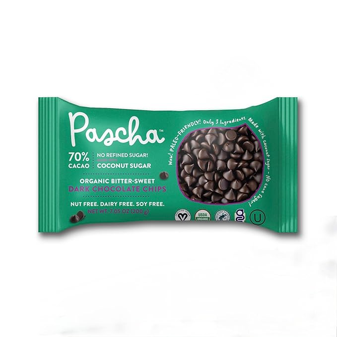 Pascha Organic 70% Cacao Baking Chips - Bittersweet Dark Chocolate with Coconut Sugar - Vegan Non-GMO Rainforest Alliance Certified - Allergen-Free (Pack of 8)