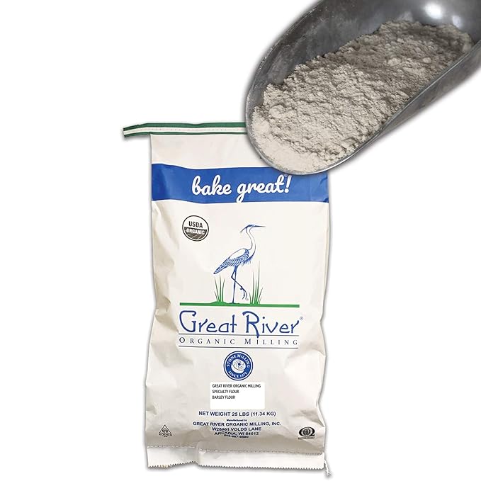 Great River Milling Organic Barley Flour | Unbleached Unbromated Non-GMO Kosher | High Fiber Nutty Flavor Perfect for Breads Pancakes &amp More | 25 Lb