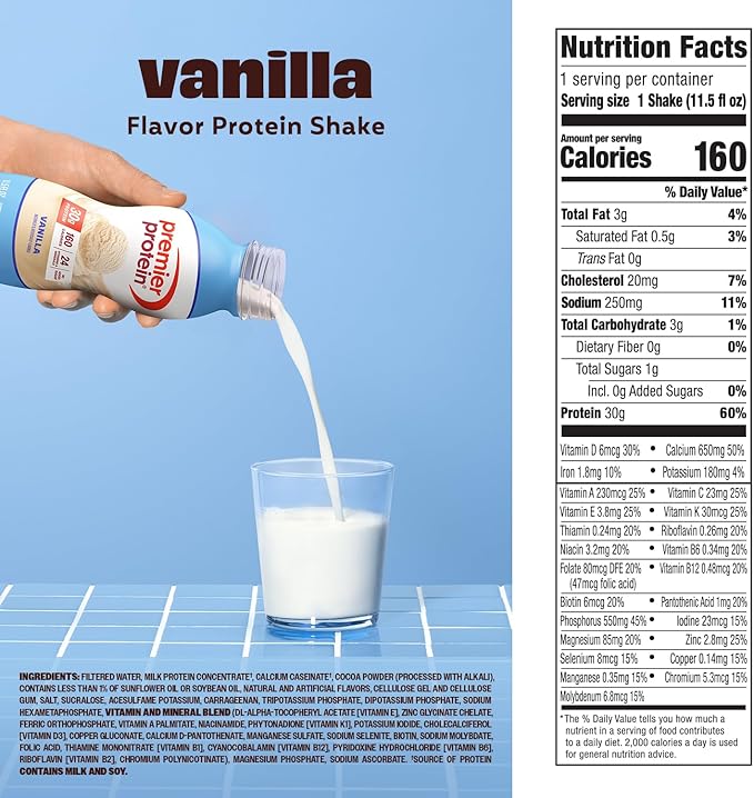 Premier Protein Shake Vanilla 30g Protein No Added Sugar 24 Vitamins &amp Minerals to Support Immune Health 11.5 fl oz 12 Pack
