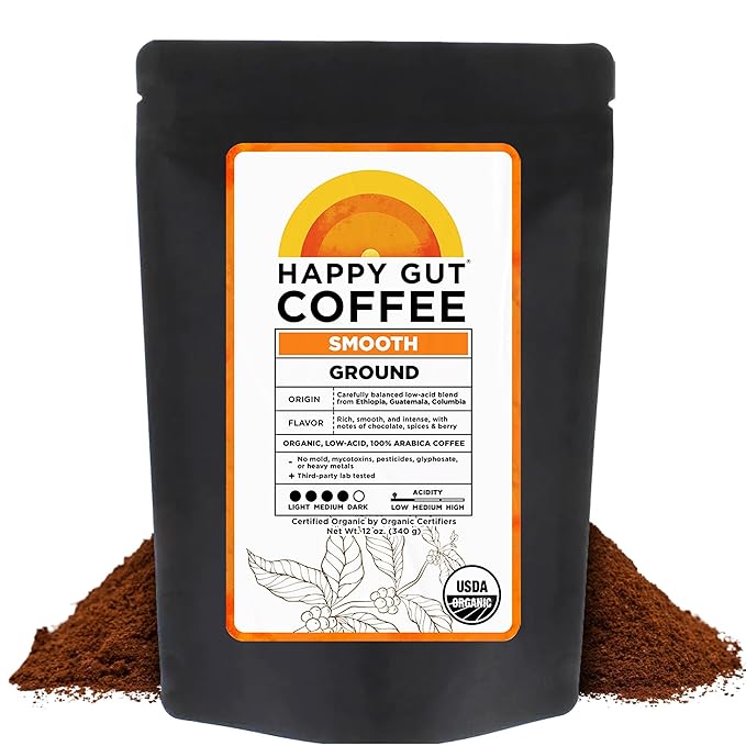 Happy Gut Coffee - Doctor-Formulated Organic Medium-to-Dark Roast Coffee with Gut-Friendly Benefits - Gentle on Stomach - Rich Flavor Gluten-Free No Bitterness - 12oz - SMOOTH - Ground