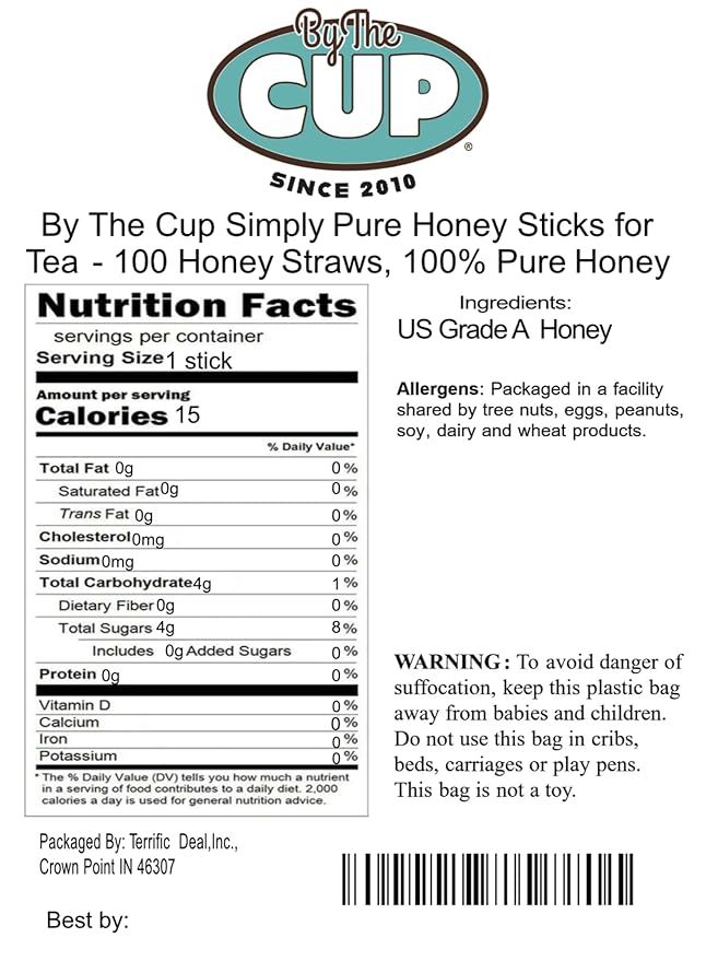 By The Cup 100% Simply Pure Honey Sticks for Tea - 100 Honey Straws
