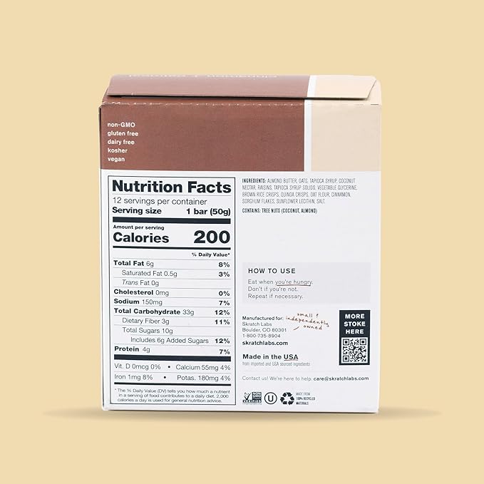 Skratch Labs Energy Bar | Cinnamon + Oatmeal (12 Pack) | Plant Based Healthy Snack | Low Sugar - 5g Protein | Non-GMO Gluten Free Soy Free Vegan Kosher