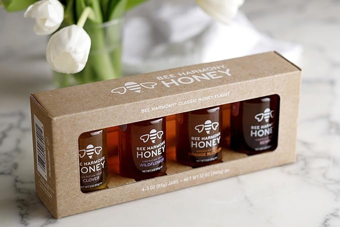 Bee Harmony Classic Honey Flight Mini Honey Gift Set 4 Jars 3 OZ Each Premium Raw Made in the USA