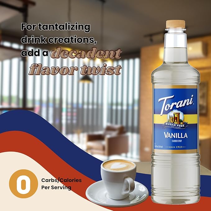 Torani Sugar Free Vanilla Syrup 1 Liter Bottle with Pump Dispenser – Zero Calorie Flavored Coffee Syrup for Lattes Cold Brews Teas Cocktails &amp Desserts