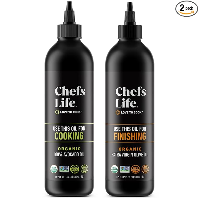 Chefs Life Organic Cooking Oil &amp Finishing Oil 2 Pack - Extra Virgin Olive and Avocado Oil EVOO Gift Set for Dipping Dressing Cooking Single Origin Non GMO - 16.9 Fl Oz (2 Bottle Gift Set)