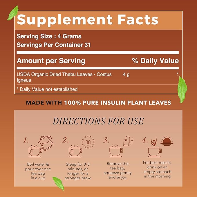 True Vine Insulin Plant Tea (USDA Organic) — Herbal Organic Tea Bags for Blood Sugar Support Digestive Wellness &amp Metabolic Balance — 100% Natural Caffeine-Free No Additives – 31 Sachets (4g Ea