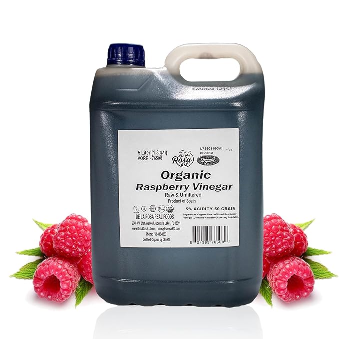 De La Rosa Organic Raspberry Vinegar Raw &amp Unfiltered Pure Vinegar Vegan Gluten Free &amp Kosher Great for Organic Salad Dressing and Marinades 5 Liters (Pack of 1)