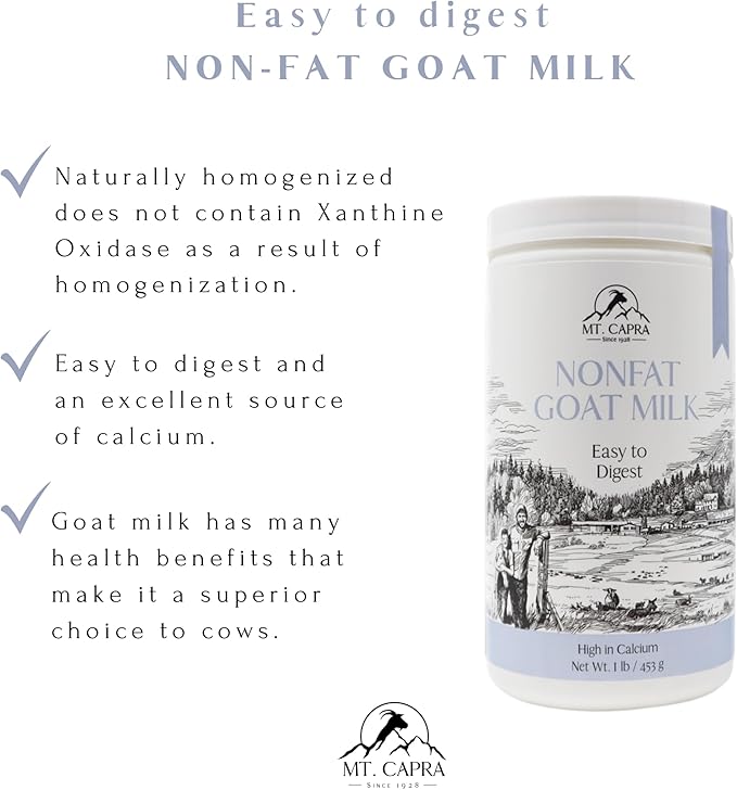 Mt. Capra Non-Fat Goat Milk | Powder from Non-GMO Grass-Fed Goats Creamy Great Tasting Easy to Digest A2 Milk | 16 Servings - 1 Pound