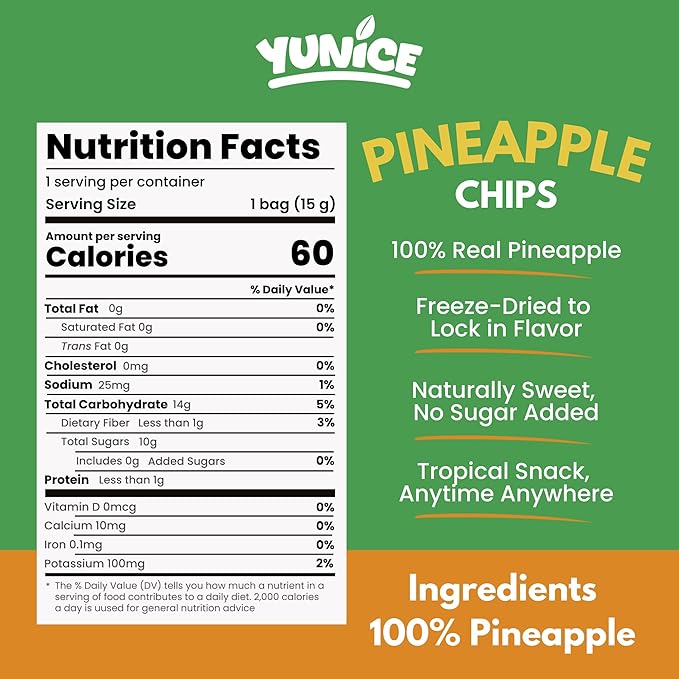 YUNiCE Freeze-Dried Pineapple Chips 100% Real Fruit Snack No Sugar Added Gluten Free Plant Based Crispy pineapple chunks organic pineapple PINEAPPLE 0.70 Ounce (Pack of 12)