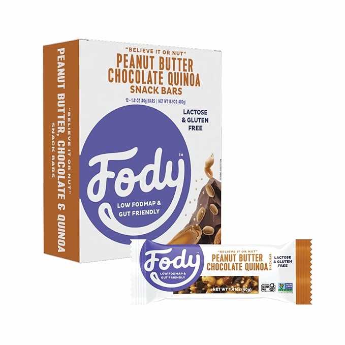 Fody Foods Snack Bars Peanut Butter Chocolate Quinoa 1.41 Oz (Pack of 12) 6g Protein Low FODMAP Gut &amp IBS Friendly Vegan Lactose Free Non-GMO Gluten Free