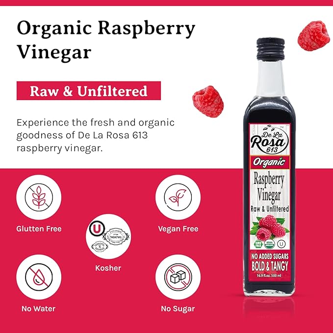 De La Rosa Raspberry Vinegar Organic Raw &amp Unfiltered Pure Vinegar Vegan Gluten Free &amp Kosher Raspberry Vinaigrette Salad Dressing &amp Marinade 16.9 Oz (Pack of 2)