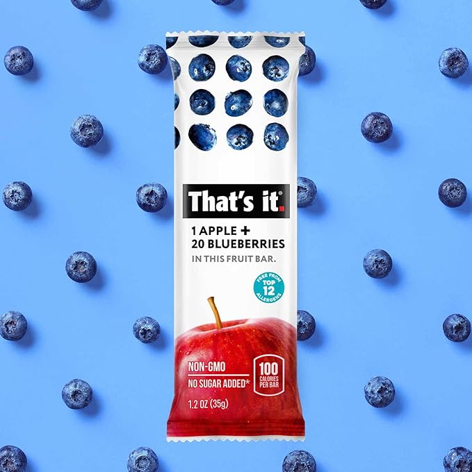 That's it. Apple + Blueberry 100% Natural Real Fruit Bar Best High Fiber Vegan Gluten Free Healthy Snack Paleo for Children &amp Adults Non GMO No Sugar Added No Preservatives Energy Food (12 Pa