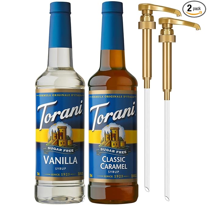 Torani Sugar Free Vanilla Syrup and Sugar Free Classic Caramel Syrup Variety 2-Pack Coffee Syrups for Drinks Pumps Included 25.4 Fl Oz Ea