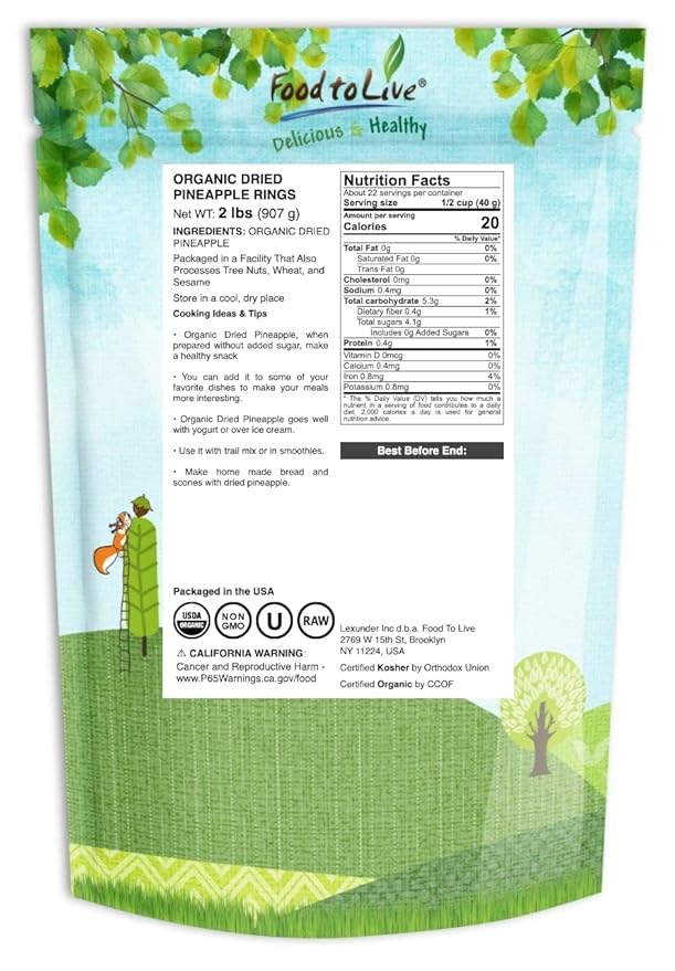 Food to Live Organic Dried Pineapple Rings 2 Pounds Non-GMO Flavorful Chewy Fruit Snack Vegan Unsulfured No Sugar Added Bulk Great Addition to Desserts Cakes Pies No Sulphites Unsweetened