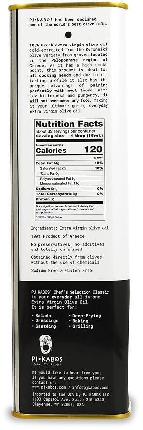 P.J. KABOS 2024/25 Harvest Everyday Greek Extra Virgin Olive Oil Kosher Greece Cold Extracted 16.9 oz Tin Koroneiki Chef's Selection Classic - Delicate