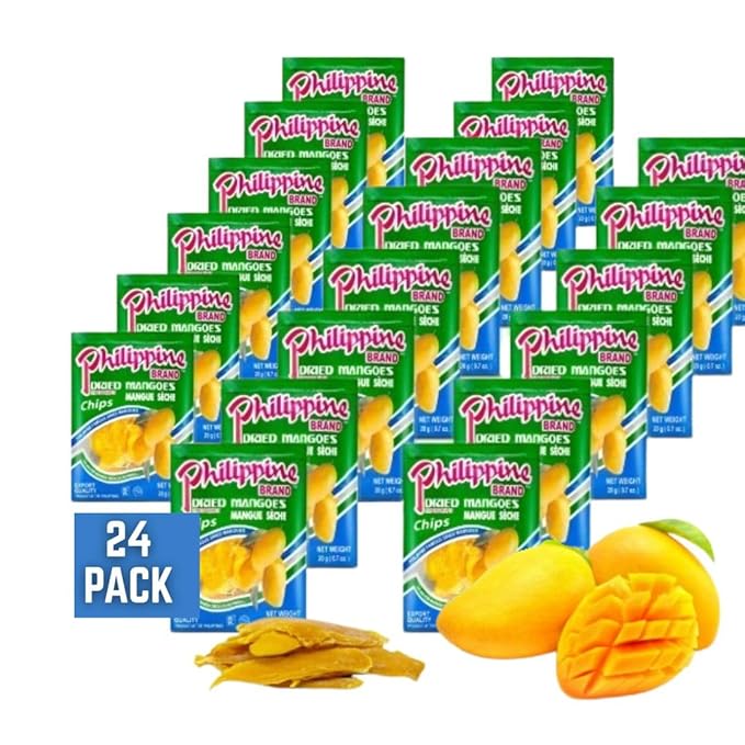Philippine Brand Dried Mangoes Fruit Snacks- All Naturally Gluten Free Vegan Hand-Selected Delicious Fresh Mangos from Philippines Grab and Go Perfect for Office &amp School Food (.7oz (24 Pack))