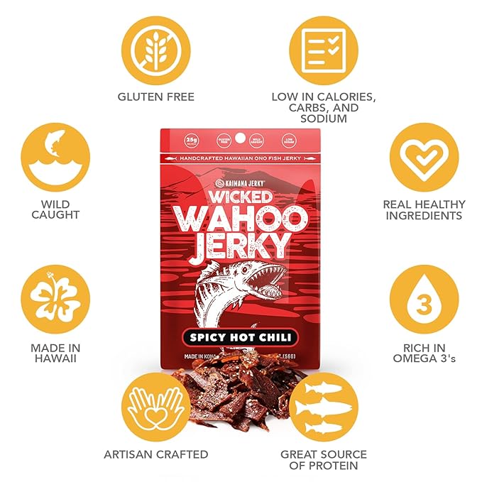Spicy Chili Wahoo Ono Fish Jerky - Sweet &amp Hot Umami Flavor - Artisan Crafted Organic Omega-3 Rich Low-Calorie Low-Sodium &amp Low-Sugar Seafood Snack 2oz (Pack of 3)