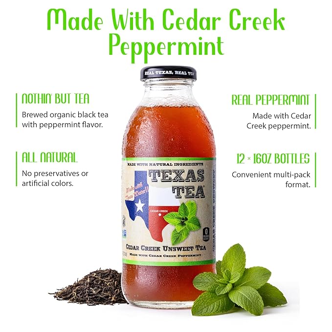 Texas Tea Cedar Creek Unsweet Tea Real Brewed Black Tea with Refreshing Peppermint Flavor Non GMO No Preservatives Crisp Unsweetened Texas Brewed Tea 16 fl oz Pack of 12