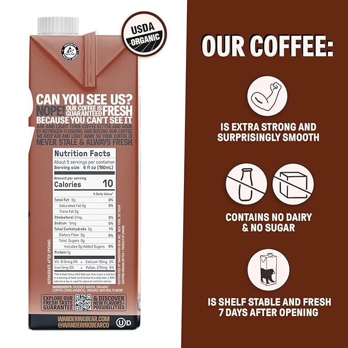 Wandering Bear Organic Cold Brew Coffee Variety Pack - Extra Strong Bold Smooth Unsweetened Shelf-Stable Ready to Drink &amp Vegan Iced Cold Brewed Coffee Drink - 32 fl oz (3pk - Vanilla Caram