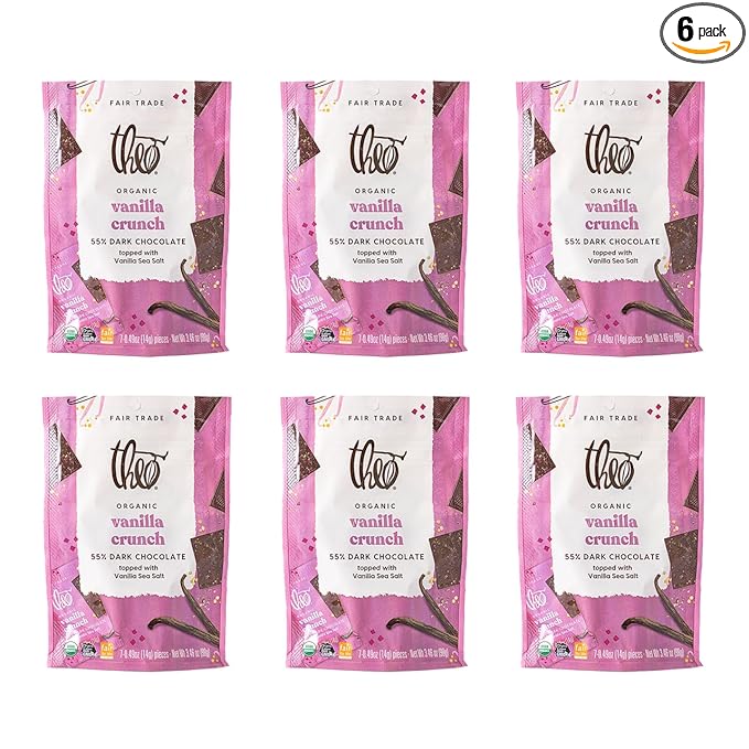 Theo Organic 55% Dark Chocolate Squares Vanilla Crunch w/Vanilla Sea Salt 6 Pouches (7 Individually Wrapped Singles per Pouch) 42 Pieces Vegan Fair Trade