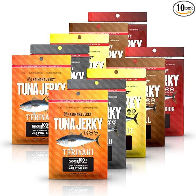Kaimana Ahi Tuna Fish Jerky - Premium Protein &amp Rich In Omega-3's - All Natural &amp Wild Caught Tuna Jerky. Made in Hawaii USA. (10 Pack Variety Bundle)