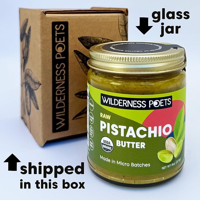 Wilderness Poets Pistachio Butter - Organic Raw 100% Pistachio - Glass Jar (8 Ounce) - Perfect for Dubai Chocolate Bar Desserts with Kataifi or Savory Creations - Unsweetened California-Grown