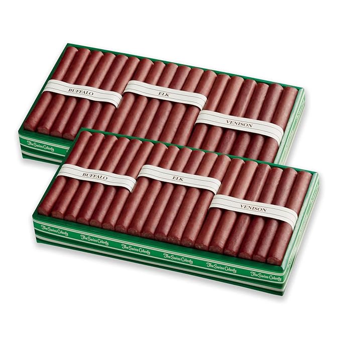 2 Holiday Gift Boxes - The Swiss Colony Wild Game Meat Sticks Gift Box - Includes Exotic Meats: Buffalo Elk and Venison Blended with Pork and Beef Package for Men