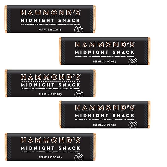 Hammond's Candies Gourmet Chocolate Candy Bars – Midnight Snack | Sweet Milk Chocolate Pretzel Cookie Brittle Marshmallow &amp Cereal Certified Kosher Handcrafted in the USA | Pack of 5