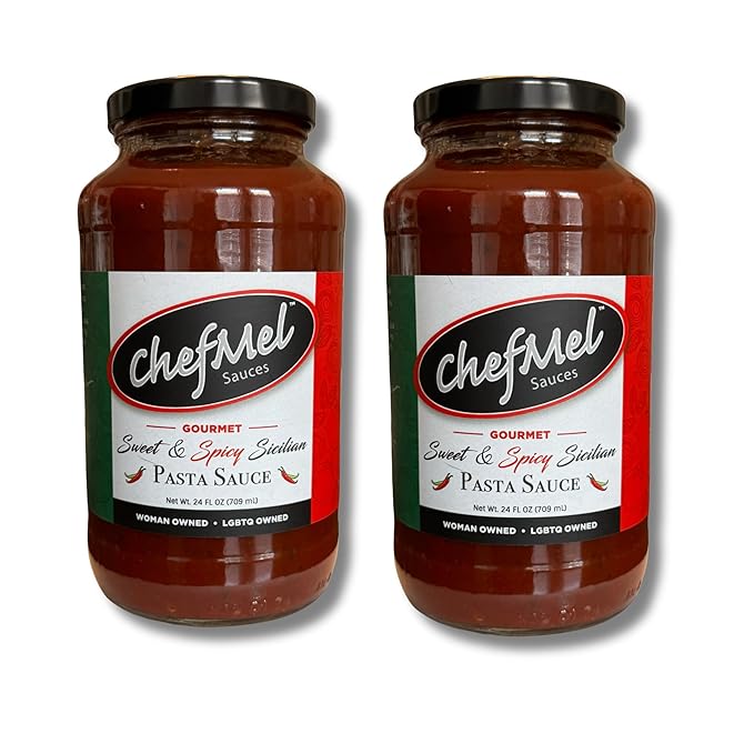 ChefMel’s Spicy Sicilian-Style Pasta Sauce - Bold &amp Sweet Marinara with a Fiery Chili Kick - Handcrafted Italian Tomato Sauce - Gluten-Free - Gourmet Flavor for Pasta Pizza &amp More - 24oz Jar