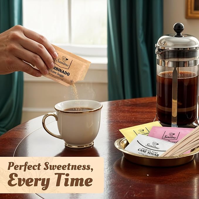 Sweetmo Sugar Packets Variety Pack - Sucralose Raw Sugar Saccharin Cane Sugar with Wooden Stirrers - 400 Count for Coffee Tea Office Breakrooms Home &amp Airbnb