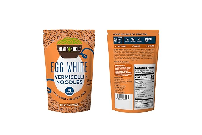 Miracle Noodle Egg White Pasta Variety Pack 3.5 Oz (Pack of 6) Spaghetti Vermicelli Angel Hair Ready to Eat Egg White Noodles 10g Protein 45 Calories 1g Net Carbs Per Serving High Protein Ket